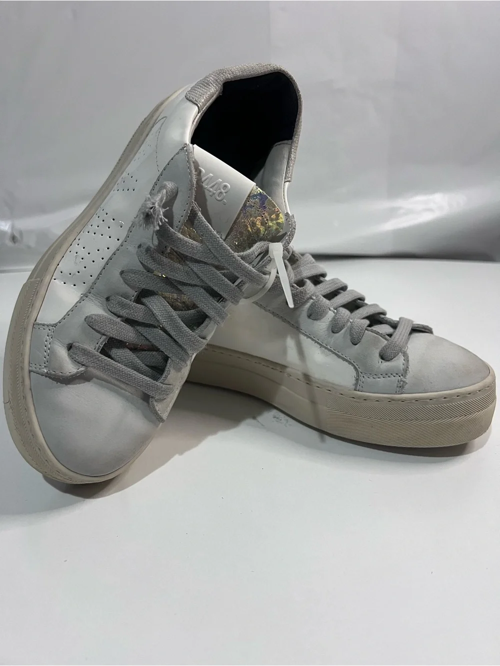 P448 John White Leather Low Top Sneakers Holographic Details Made In Italy